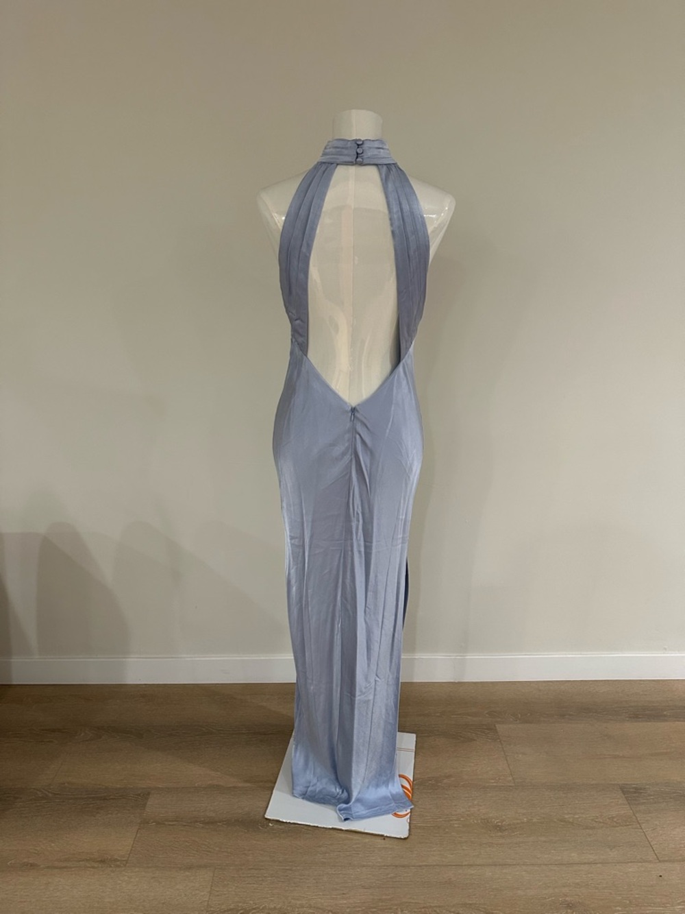 Meshki Claire Icy Blue Satin High Neck Backless Dress